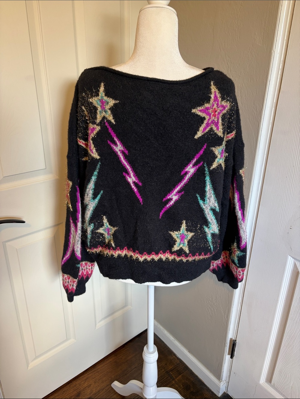 Anthropologie Pilcro sparkle pullover Black Off-the-Shoulder Star Sweater - Picture 7 of 8